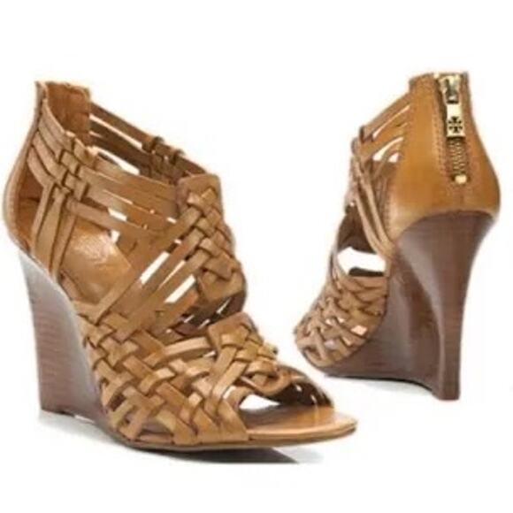 Tory Burch Tevray Huarache Tan Wedge Strappy Leather Sandals Women's Size 7.5M - Picture 1 of 13